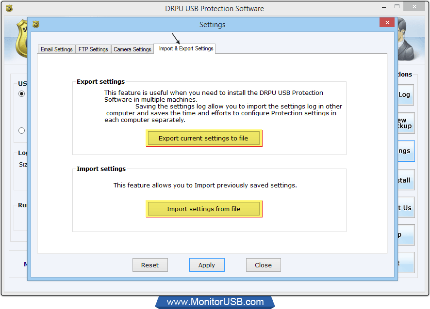 Export Settings feature of USB port monitor software - MonitorUSB
